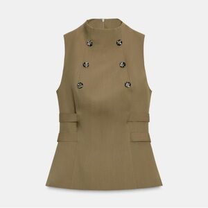 Zara | Buttoned Top Vest Khaki High Neck Double Breasted Peplum | Sz Large